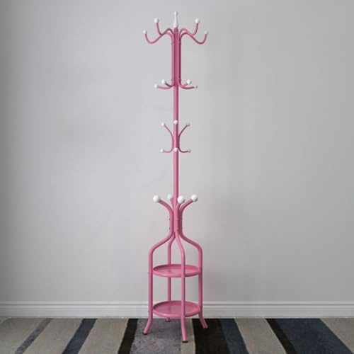 Metallklädhängare Med 12 Krokar Och Paraplyställ Platsbesparande Hallmöbel Fristående Metallklädhängare Med Hyllor För Hattar, Kläder Och Handväskor(Roze)