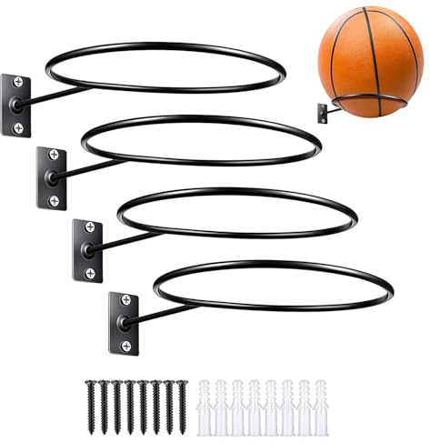 mimzemamz 4 Pezzi Porta Palloni da Calcio,Robusto Porta Palloni da Muro in Metallo,Scaffale Portaoggetti per Pallonis con Viti,Supporto per Pallonis Basket,Calcio e Pallavolo (Nero)