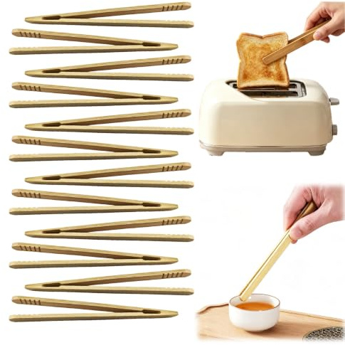 Pinzas de rejilla para pan de madera, 12 pinzas de bambú para pan de madera - Pinzas de Cocina Reutilizables para Tostadas, Té, Frutas y Pepinillos - 18 cm - Resistentes y Ecológicas