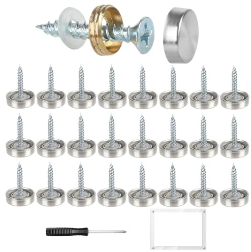 24 Sets Mirror Screws, 304 Stainless Steel, 16 mm, with Screwdriver | Mirror Fixing Kit, Silver, Round, with Caps Brass Ring Rubber Washer, Polished, for Glass, for Panels, for Advertising Sign