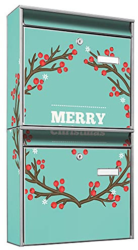 banjado Briefkastenanlage 2 Fach - 2 Briefkästen 36x64x10cm groß - Doppelbriefkasten Set - Namensschild, 2 Schlüssel, Montagematerial - Stahl verzinkt Silber - Motiv Weihnachtsranke