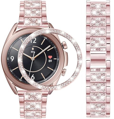 DEALELE Armband kompatibelt med Samsung Galaxy Watch 3 41 mm, 20 mm lyxig diamant rostfritt stål metall klockarmband med strass infattning ring skyddande ersättning för kvinnor och män, rosa
