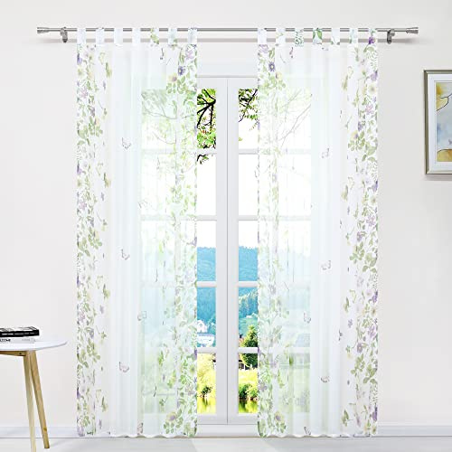 ESLIR Gardinen mit Schlaufen Gardinenschal Voile Transparent Schlaufenschal Modern Vorhänge mit Schmetterling Muster 1 Stück Grün BxH 140x225cm 1 Stück