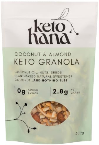 Keto Hana Coconut & Almond (Plant Based) Breakfast, Snacking Granola, Just 1.2g Net Carbs, High Protein, Healthy Keto Diet Granola (Four 300g/0.6lbs Bags)
