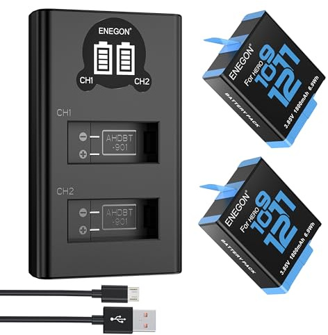 ENEGON Hero 12 11 10 9 Battery 1800mAh 2 Pack Rechargeable Li-Ion Battery and Dual Smart LCD Port Charger for Gopro Hero 12 11 10 9 Black Action Camera Battery Chargers