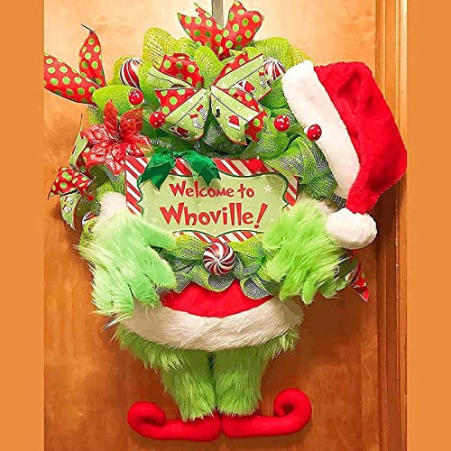 Christmas Thief Wreath for Front Door Green Elf Legs Christmas Wreath Hanging Welcome Sign Home Decoration Indoor Outdoor (Green, 18.4x12inch / 46x30cm)
