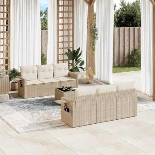 Rantry 7-TLG. Garten Sofagarnitur mit Kissen Gartensofa mit Stauraum Gartenlounge Balkonmöbel Gartenmöbel Loungesofa Rattansofa Ecksofa Sitzgruppe mit Gartentisch Gartenset Beige Poly Rattan