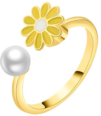 ZALXOZYL Little Daisy Fidget Ring,Ehering und Verlobungsringe,Paare,360° Drehbar,Verstellbare Öffnung,Zeigefinger,Geburtstags- und Feiertagsgeschenk für Mädchen,Mutter,Freundin,Y-Gelb,Us-Größe 7