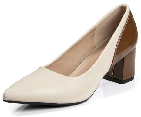 qibusleen Puntera en Punta Tacones Bloque para Mujer Zapatos de Vestir Tacón bajo de 2 Pulgadas Mujer Negro Beige Marrón Empalme Bombas Chunky Cómodo Tacones de Fiesta de Boda - 38