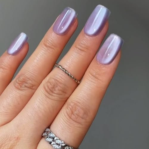 Purple Cat Eye Press on Nails Short Square, SXVME Glitter Glue on Nails Sparkly Shiny Fake Nail Press on With Design, Cute Bling Extra Short Coffin False Nail for Women 30 Pcs