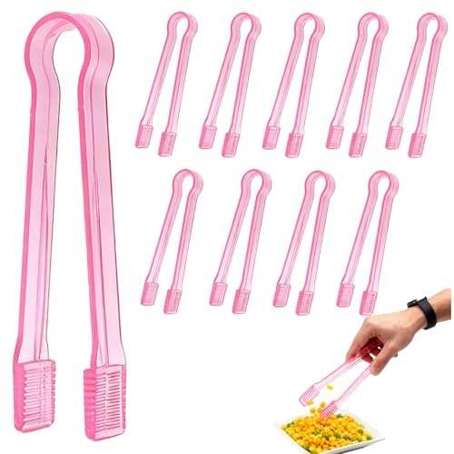 REROON 10 Pcs Plastic Buffet Serving Tongs | 6.3 Inches Serving Utensils Tong for Party Christmas Thanksgiving Birthday | Mini Kitchen Tongs for Ice Salad Barbecue Appetizers and Cake | Pink