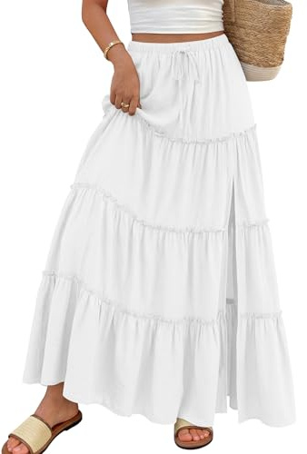 Trendy Queen Maxi Boho Skirt Long Skirts for Women Slit Summer Vacation Outfits A-Line Dress with Pockets Fashion Clothing White M