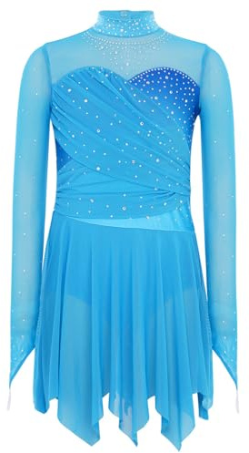 TSSOE Vestito Pattinaggio Artistico Bambina Vestito Danza Contemporanea con Maniche Lunghe Costume Danza Lirica Classica Azzurro Chiaro 13-14 Anni