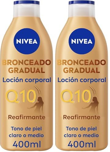 NIVEA Q10 Loción Corporal Reafirmante + Autobronceadora (400 ml), crema hidratante corporal con coenzima Q10, crema bronceadora para tono de piel claro a medio (Paquete de 2)