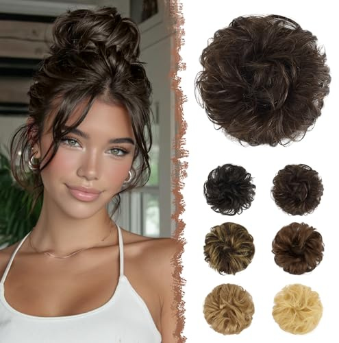 FESHFEN Human Hair Messy Buns, 100% Human Hair Bun Hair Piece Real Hair Extension Wavy Curly Hair Scrunchies Tousled Updo Chignon Hairpieces for Women Girls, Brown