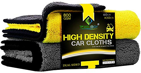 Towelogy Microfibre Car Cleaning Cloths 800gsm High Density CHEMICAL FREE Washing Drying Buffing Double Side Super Absorbent Auto Detailing Large Towels 40x40cm (Yellow/Grey, Pack Of 2)