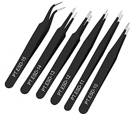Pinzas para soldar, 6 piezas de acero inoxidable, pinzas de punta resistentes antiestáticas, pinzas de precisión industriales, kit de herramientas de reparación para reparación de dispositivos electró