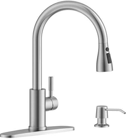 APPASO Kitchen Faucets with Soap Dispenser, Solid Stainless Steel Kitchen Faucet with Pull Down Sprayer 3 Modes, Brushed Nickel Modern Kitchen Sink Faucets with Sprayer, High Arch Single Handle Faucet