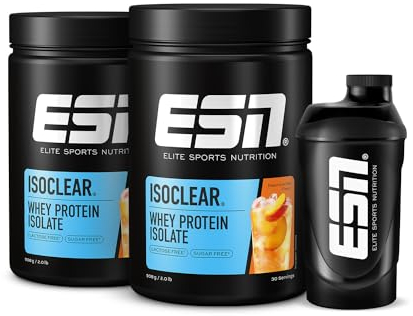 ESN ISOCLEAR Whey Isolate Protein Pulver, Peach Iced Tea, 2 x 908 g + Gratis Shaker, Proteinlimo mit fruchtig leckerem Geschmack, clear Whey - made in Germany