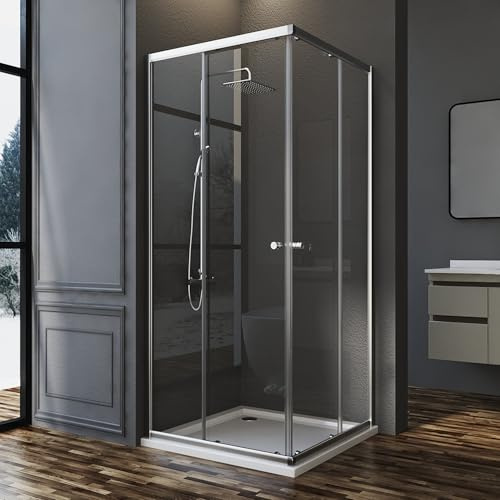 Eckeinstieg Duschkabine 75 x 75 cm Schiebetür Duschabtrennung, Goezes Duschschiebetür Schiebetüren Dusche 75x75cm Duschkabine aus 6mm ESG Sicherheitsglas, Duschwand Höhe: 185cm