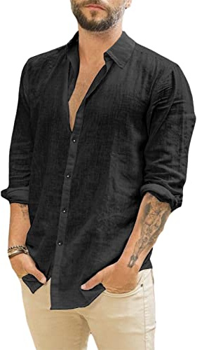 Runcati Camicia da Uomo a Maniche Lunghe in Lino con Colletto rovesciato, Camicia Casual da Lavoro, Camicia Estiva, Nero, M