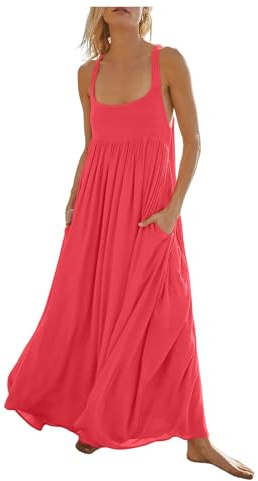 WVONIF Robes Casual Femme Robe Robe d'été pour Femme Boho Maxi à Lacets avec Pompon col en V évasé à Volants Robes de Plage Robe de Mariée Grande Taille （ Pastèque Rouge, XL