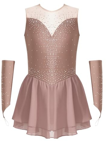 Kvysinly Glitzer Mädchen Eiskunstlauf Kleid Tanzkleid mit Handschuhen ärmellose Ballettkleidung Mit Strass Wettbewerb Outfit Altrosa 146-152