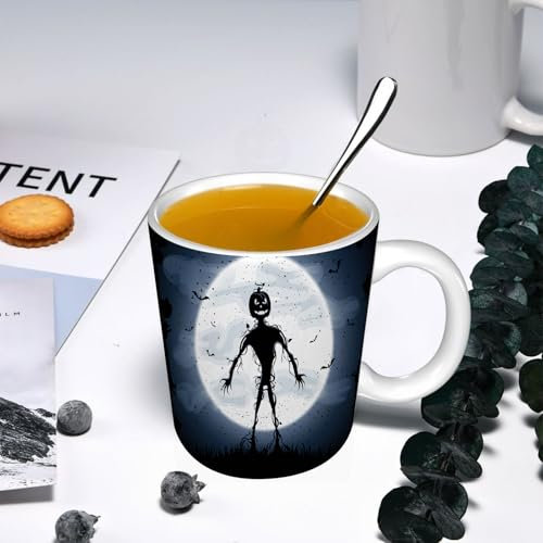 YOIUE Tasse aus Keramik - Große 11oz Tassen 330ml Kaffeetassen mit Henkel, 100% Handbemalt - Trinkgläser mit Griff - Weiß, Halloween-Nacht-Hintergrund mit Vollmond und Monster
