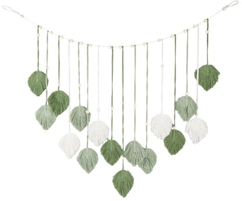 GORGECRAFT Makramee Blatt Wandbehang Dekoration 1.2 m Polyester Boho Rustikal Natürliche Grüne Pflanzen Blätter Gewebter Wandteppich Quasten Holzperlen Girlande Mit Aufhänger Für Kinderzimmer Schlafzi
