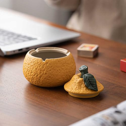 Cutfouwe Keramik Zitrusfrucht Mülleimer mit Deckel – Handbemalter Mini-Abfalleimer für Küche & Bad (10.2x9.6cm, 0.56kg,),10.2x9.6cm