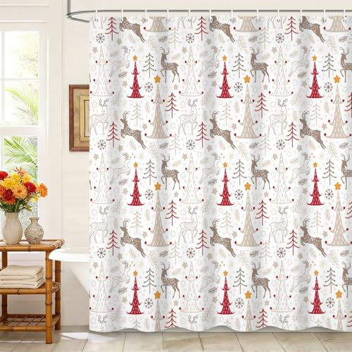 Kzzfqxb 183x183cm Cortinas de Ducha con Ganchos de plástico, Navidad Año Nuevo árboles deNavidad Grises y Rojos Ciervos Sika Tela de poliéster Impermeable para bañera, Decoración Festiva para baño