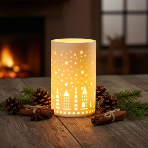 levandeo LED Windlicht H18cm Dekoleuchte Weiß Porzellan Weihnachten Deko Tischdeko Leuchte Beleuchtung Lichtdeko