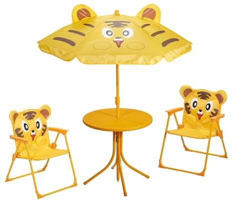 Well Home Conjunto jardín niños 4 Piezas (Mesa + 2 sillas + Paraguas) diseño Tigre, Plegable y Ligero