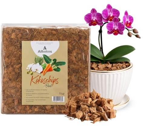 Allkokos Kokoschips für Pflanzen – 5kg Block als Orchideenerde & Kokossubstrat aus Kokosfaser für Tropische Pflanzen – luftdurchlässig, feuchtigkeitsspeichernd und torffrei (1x5kg)