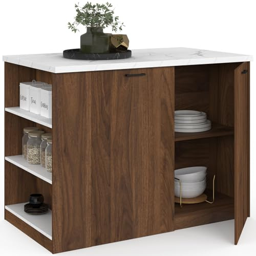IDMarket - Isla central Tibo de 120 cm de madera oscura con aspecto de nogal con encimera de mármol Alaska