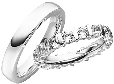 JC Trauringe Silber 925 Paarpreis Eheringe Silber I Edle Verlobungsringe breit 4,0 mm I Partnerringe mit Gravur in edler Schatulle I 2 Hochzeitsringe Herrenring & Damenring mit Steinen I LC114-P