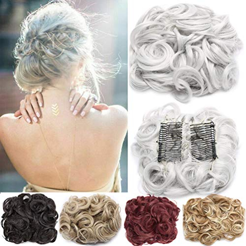 Extensions a Clip Cheveux Naturel Peigne Postiche Cheveux Courts Ondulés Chouchou Postiche de Mariage Bouclés Postiche Queue de Cheval Gris argenté