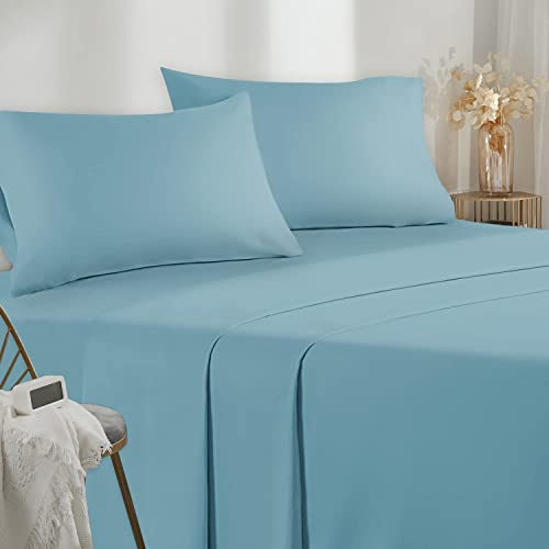 Poligino Lakan för mellanstor säng 140 – set med sängkläder i mikrofiber bestående av 4 delar – lakan med hörn – överlakan – 2 örngott 50 x 80 – lakan för mellanstor säng 140 x 190/200 cm, himmelsblå