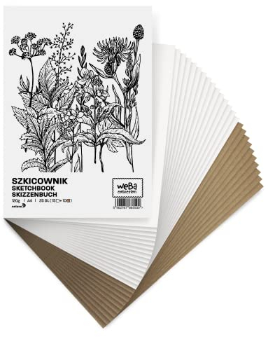 Netuno 1 x Zeichenblock Weiß Eco DIN A4 15 Blatt Weiß Zeichenpapier Weiß 120g + 10 Blatt Kraftpapier Braun 170g Skizzenbuch zum Malen Zeichnen Skizzenblock Zeichenbuch blanko Kinder sketchbook