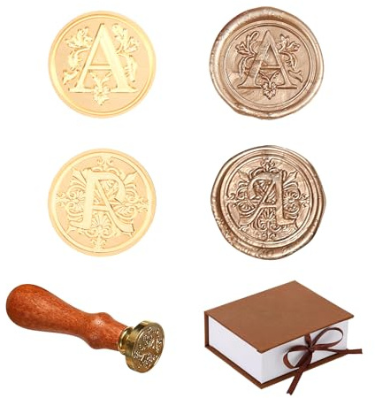 Comealltime 2 stycken retro alfabet sigillvaxstämplar, A~Z initialer vaxstämplar med trähandtag, vintage 26 bokstäver 25 mm avtagbart mässingshuvud för invitations kort gift wrapping Decor(Letter A)