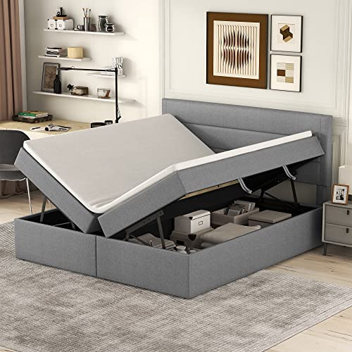MQLAE Boxspringbett 140x200 mit Bettkasten, Polsterbett Doppelbett mit Großer Stauraum, Bett mit Lattenrost, Bettgestell aus Holz und Metall, Stauraumbett Rückenlehne Bett für Familie, Leinen Grau