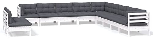 WEMYUFURN 11-TLG. Garten-Lounge-Set mit Kissen Weiß Massivholz Kiefer, Outdoor-Sitzgruppe, Terrassen-Lounge-Set, Garten-Couchgarnitur - Wetterbeständig, Komfortabel - für Terrasse, Garten und Balkon