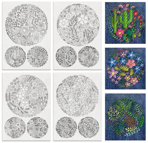 BENECREAT 4 Blätter 12 Pcs Blühende Blüte Wasserlösliche Stickmuster, Stick und Stich Stickerei Papier Designs, Stickerei Starter Kit für Anfänger DIY Handwerk, Nähen Stickerei