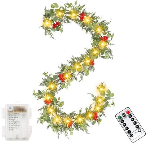Weihnachtsgirlande mit Beleuchtung, 2 Stück 2 M Girlande Weihnachten mit 5M Lichterkette Batteriebetrieben, Tannengirlande Beleuchtet mit 8 Modes Fernbedienung für Weihnachtsdeko Innen & Außen (B)
