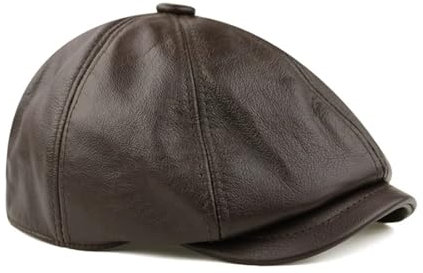 WENH Achteckige Baskenmütze aus Leder for Herren, Schirmmütze aus Rindsleder, Ballonmütze, britische Passform, Schwarz/Khaki, Streetwear(Coffee,L 55-56 cm)