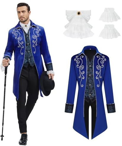 rumnigh Giacca a coda medievale da uomo in stile Steampunk, giacca medievale gotica in velluto con ricami, uniforme vittoriana per feste a tema Steampunk e danze, Halloween (Blu, L)