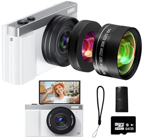 Fotocamera digitale 4K, fotocamera Vlogging da 64 MP per fotografia con schermo flip da 3 '' a 180°, obiettivi macro e grandangolari, fotocamera Vlogging 16X per YouTube con scheda Micro SD da 64 GB