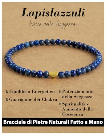 Landorilo Bracciale da Donna, Pietra Naturale da 4 mm con Perline D'amore Placcate Oro 925, Bracciali Yoga di Cristallo, Regalo di Natale, Compleanno, Anniversario(Lapislazzuli)