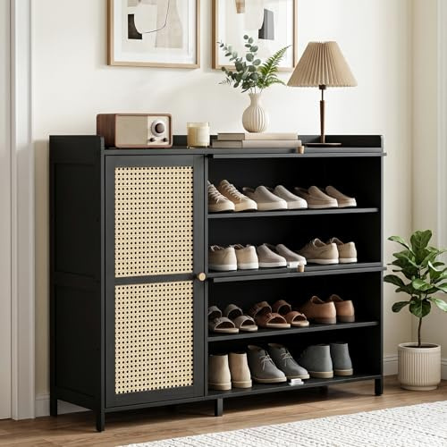 Warmiehomy Shoe Cabinet with 2 Flip Doors, Shoe Storage Cabinet for Hallway | Wooden Shoe Cabinet Black Shoe Cabinet with Doors 4-Tier Freesanding Shoe Storage for Entryway, 101 x 33 x 77cm, Black