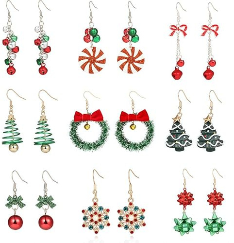 AstraGlam Ensemble de Boucles d'Oreilles de Noël Femmes Boucles d'Oreilles Suspendues Décoration Arbre Flocon de Neige Ruban Couronne Boule Grelot Accessoires Festifs 9 Paires